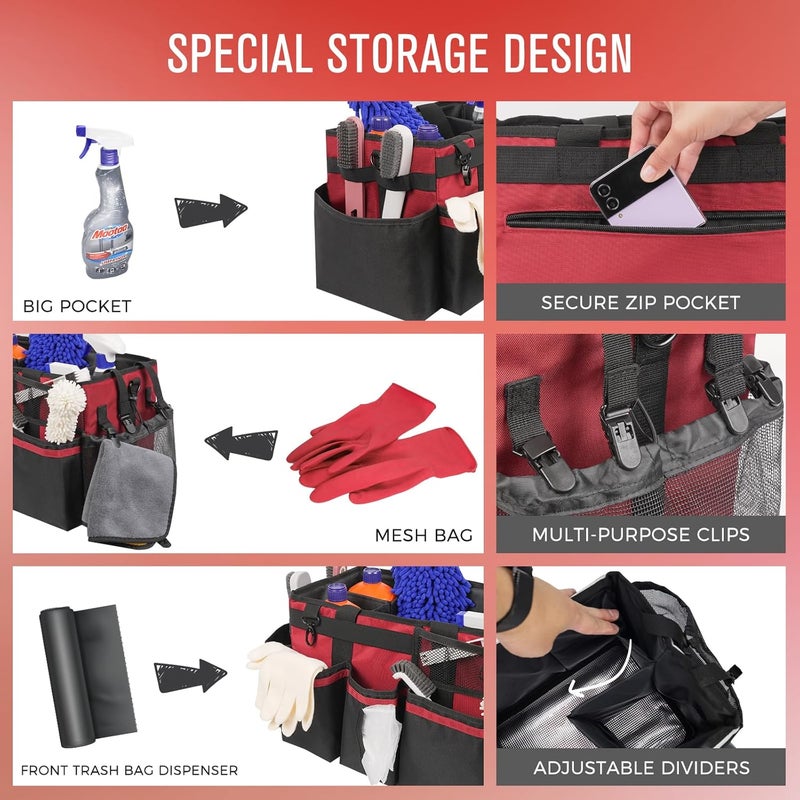 SCAVATA Wearable Cleaning Caddy, Cleaning Caddy Supplies Organizer with Handle & Shoulder Straps for Housekeepers, Under Sink & Car Cleaning Tool Organizers Bag with 4 Foldable Divider (Wine) - Image 2